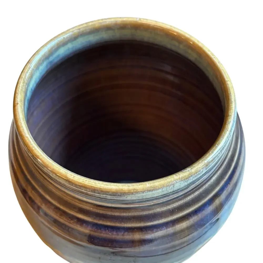 Vintage signed studio pottery vase stoneware blue drip glaze country farmhouse